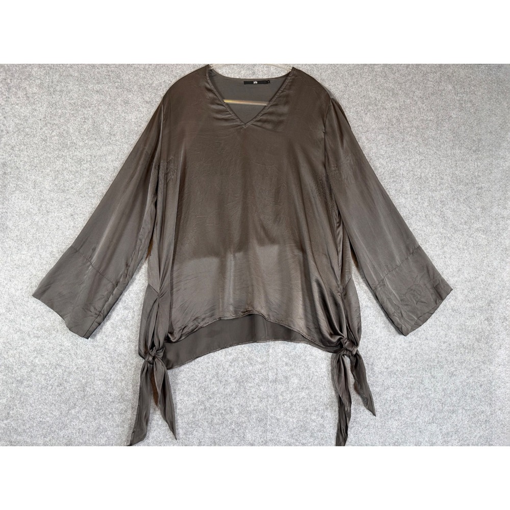 Jarbo Silk V-Neck Blouse Womens 1 Charcoal Grey Good Side Tie Long Sleeve Top